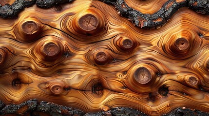 Wood slab with natural swirling grain patterns and rich textures. Artistic and detailed wooden background. Perfect for decor, furniture, and interior design projects. Unique wood design concept.