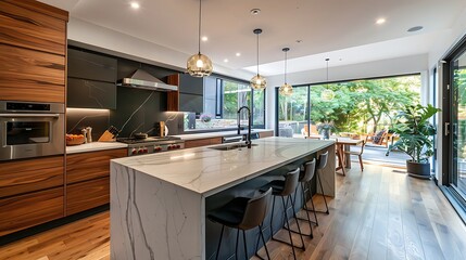 Contemporary kitchen with a waterfall countertop 