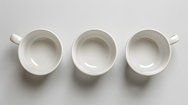 Three white ceramic cups on a white background.