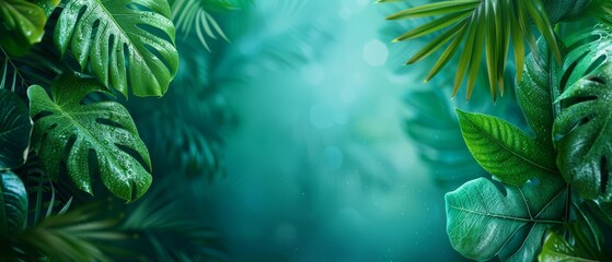  A jungle painting with abundant green foliage against a blue backdrop, featuring a central white focal point