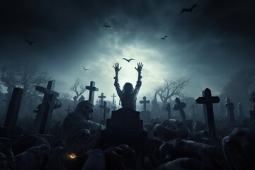 Zombie hands rising out of a graveyard