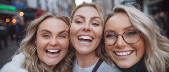 Obraz premium Three women stand together in front of a city crowd, on a street
