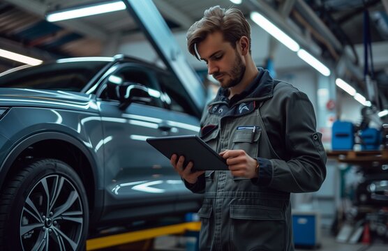 A car technician using a tablet to diagnose and repair a vehicle at an auto service center