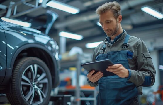 A car technician using a tablet to diagnose and repair a vehicle at an auto service center