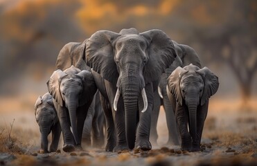 Fototapeta premium A herd of elephants strolling together across the vast savannah landscape