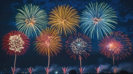 Fototapeta premium Colorful fireworks illuminating a dark backdrop, Celebration, vibrant night sky festivity