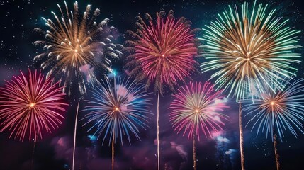 Naklejka premium Colorful fireworks illuminating a dark backdrop, Celebration, vibrant night sky festivity