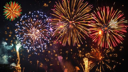 Fireworks with radiant colors on a black background, Celebration, vibrant night sky festivity