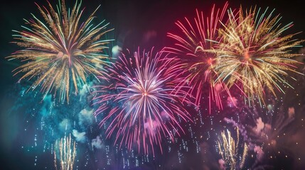 Fototapeta premium Glittering fireworks explosion on a dark backdrop, Celebration, colorful night sky illumination