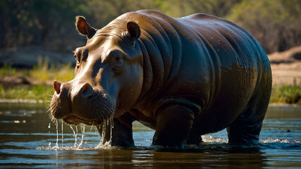 Obraz premium A majestically imposing hippopotamus, every feature exudes power and grace amidst its massive frame