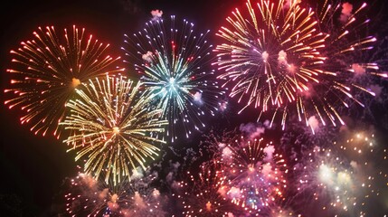 Radiant fireworks with colorful explosions on a dark backdrop, Celebration, dazzling night festivity