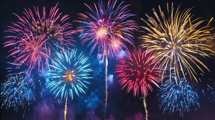 Radiant fireworks with colorful explosions on a dark backdrop, Celebration, dazzling night festivity
