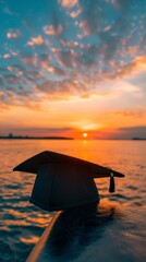 Black graduation hat in the air at sunset representing success and new beginnings.