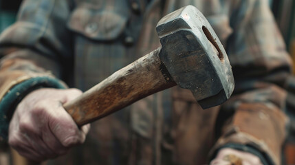 Close-up of a carpenter's hands holding a hammer, ready for use in a carpentry workshop.