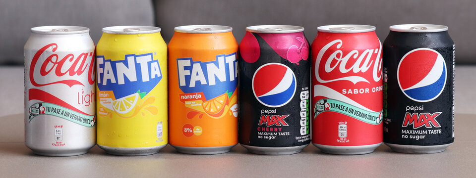 Coca Cola, Fanta and Pepsi cold fizzy drinks cans