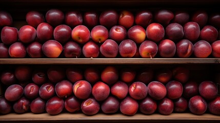 Neatly arranged red plums on wooden shelves. The apples are shiny and fresh, showcasing a vibrant red color with hints of yellow. 