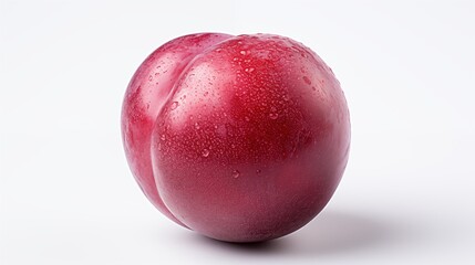 A fresh, ripe red plum with water droplets on its surface, set against a plain white background. The plum has a smooth texture and a round shape, showcasing its vibrant color and freshness.