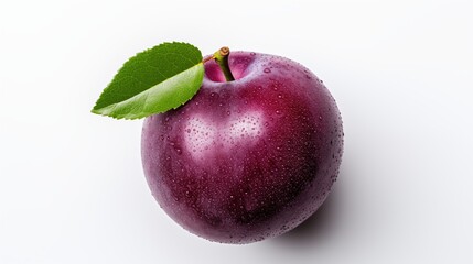 Fototapeta premium A fresh, ripe plum with a shiny, deep purple skin and a green leaf attached. The plum is wet, suggesting it has been recently washed, and is placed on a clean, white background.