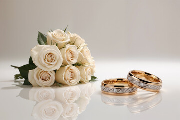 Gold wedding rings with a bouquet of white rose flowers
