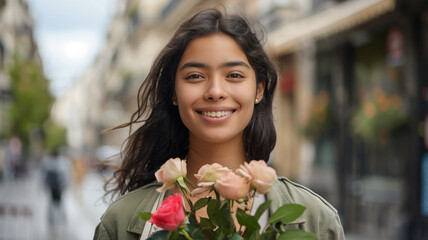 A portrait of a young adult and Latin woman holding flowers; roses, while smiling at the camera standing outside in a city street with copy space 