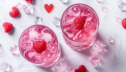 Festive pink cocktail for Valentine's day, couple of glasses, white background with hearts, top view
