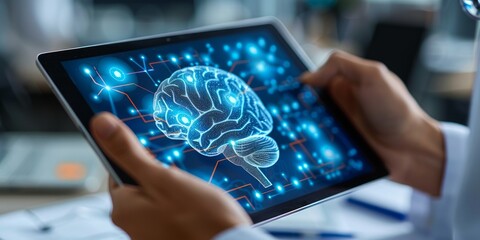 Person analyzing digital brain visualization on a tablet in a high-tech environment