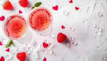 Festive pink cocktail for Valentine's day, couple of glasses, white background with hearts, top view