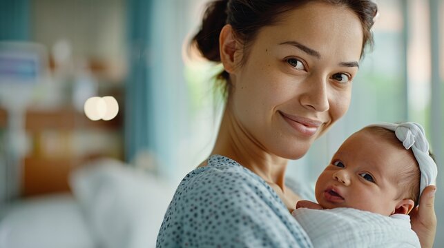 Happy Mother Holding Newborn Baby In Hospital Room.
