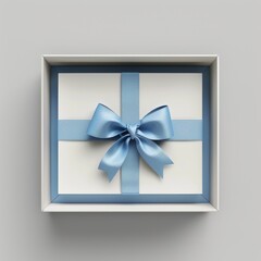 Top view of blank open white gift box with blue bottom inside or opened blue present box with blue ribbon and bow isolated on grey background with shadow minimal concept 3D, Generative AI