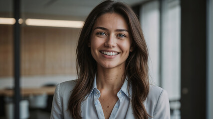 Fototapeta premium Smiling Young Businesswoman in Suit: Professional Portrait with Confident Expression