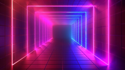 Fototapeta premium Exploring a futuristic corridor adorned with vibrant neon lights on a tiled backdrop, ideal for nightlife venues or digital designs