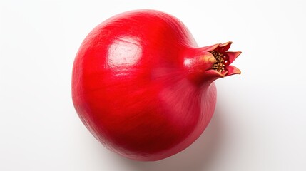 A vibrant red pomegranate with a smooth isolated surface, showcasing its unique crown-like top and seeds visible inside.