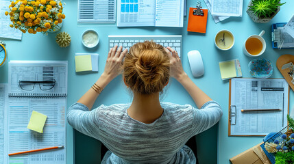 A telephoto angle photo of a secretary typing on a computer keyboard, with office documents and stationery around her, with copy space