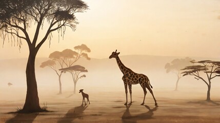 quiet savanah with wild girrafe silhouette