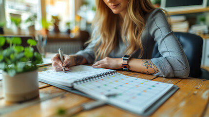 A telephoto angle photo of a secretary scheduling appointments in a planner, focused and diligent, with copy space