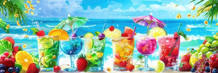 Fototapeta premium An assortment of brightly colored cocktails garnished with fruits and umbrellas sit on a beachside table, the ocean and waves visible behind them. Generative AI