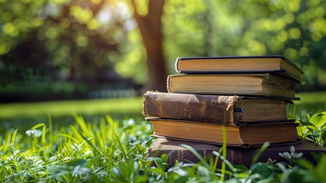Classical brown books stacked high on green grass in summer morning representing summer learning