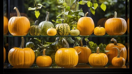 A variety of pumpkins on glass shelves, showcasing different sizes and colors. The background features lush green leaves, creating a vibrant autumn atmosphere.