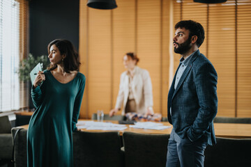 A group of professionals discuss ideas in a well-lit office space, signifying teamwork and...