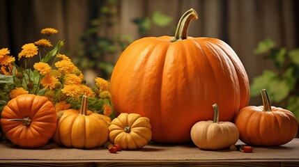 A collection of pumpkins in various sizes and colors, including a large orange pumpkin and smaller yellow and white pumpkins, arranged on a table with yellow flowers in the background.