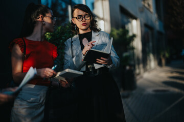 Professional businesswomen engaged in a project discussion outdoors, holding notebooks and pens, in an urban setting.