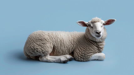A cute adult sheep laying down with an isolated blue background 