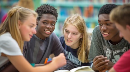 Obraz premium In a classroom, multicultural teenage students are seen working together on an academic project, their interaction and engagement illustrating the joy of learning and the power of collaboration