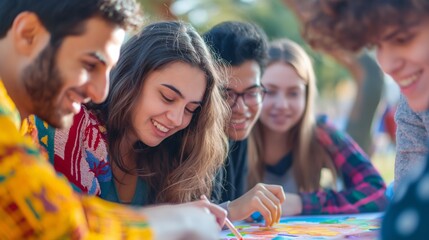 A group of teenage students is actively participating in a group project outdoors. Their expressions of concentration and happiness reflect the benefits of collaborative learning in education