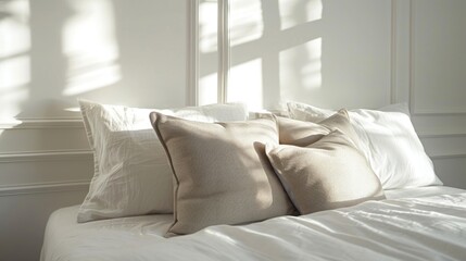 Pillows located near white wall on bed