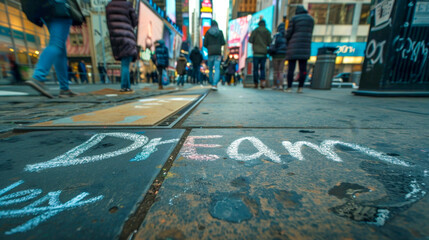 Obraz premium People walking on busy new york city street with dream written on sidewalk