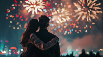 Young couple embracing while watching fireworks displaying in the night sky