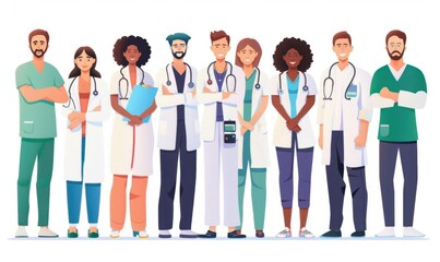 Obraz premium illustration of a group of medical team members, doctors and nurses, standing together isolated on a white background Generative AI