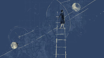 Young woman climbing ladder reaching for the moon in abstract illustration