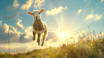 A cute baby sheep jumping in in pasture during the day with a beautiful skyscape; a spring background with copy space and sun rays 